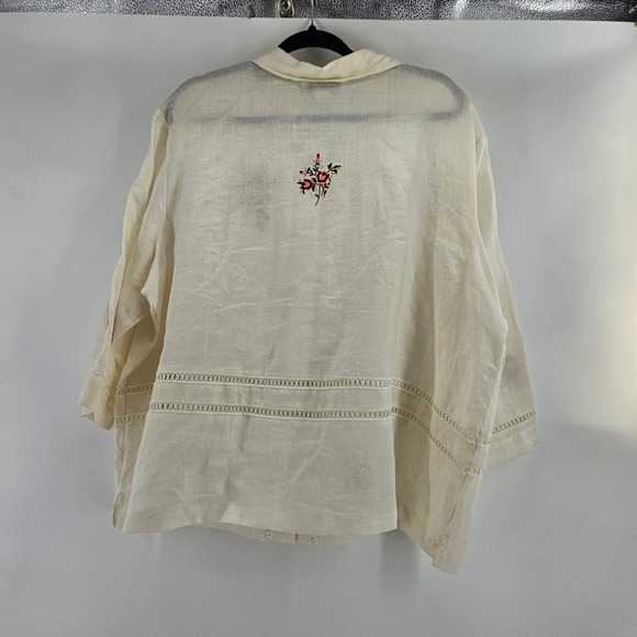 Vintage Embroidered Floral Linen Shirt‎ Top 22W Cream Romantic Coastal Blouse - Picture 4 of 9